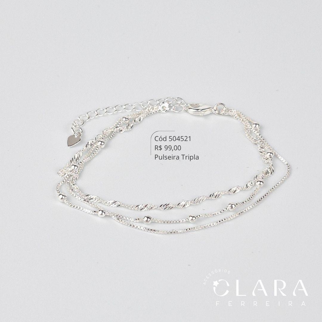 PULSEIRA TRIPLA: 1 FIO VENEZIANA, 1 FIO VENEZIANA C/ BOLINHAS 3MM E 1 FIO SINGAPURA - 17CM - Banho de Prata