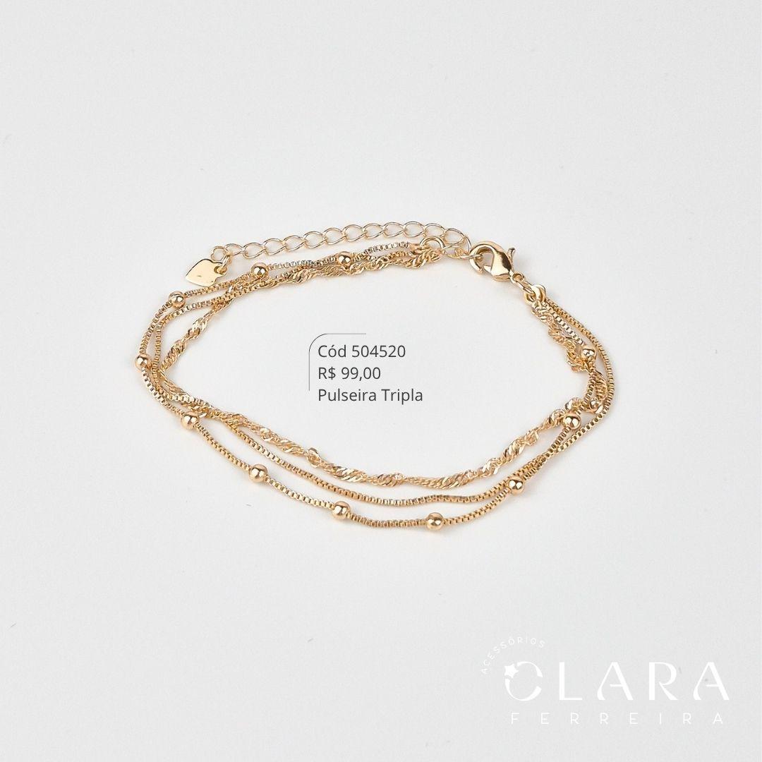 PULSEIRA TRIPLA: 1 FIO VENEZIANA, 1 FIO VENEZIANA C/ BOLINHAS 3MM E 1 FIO SINGAPURA - 17CM - Dourado