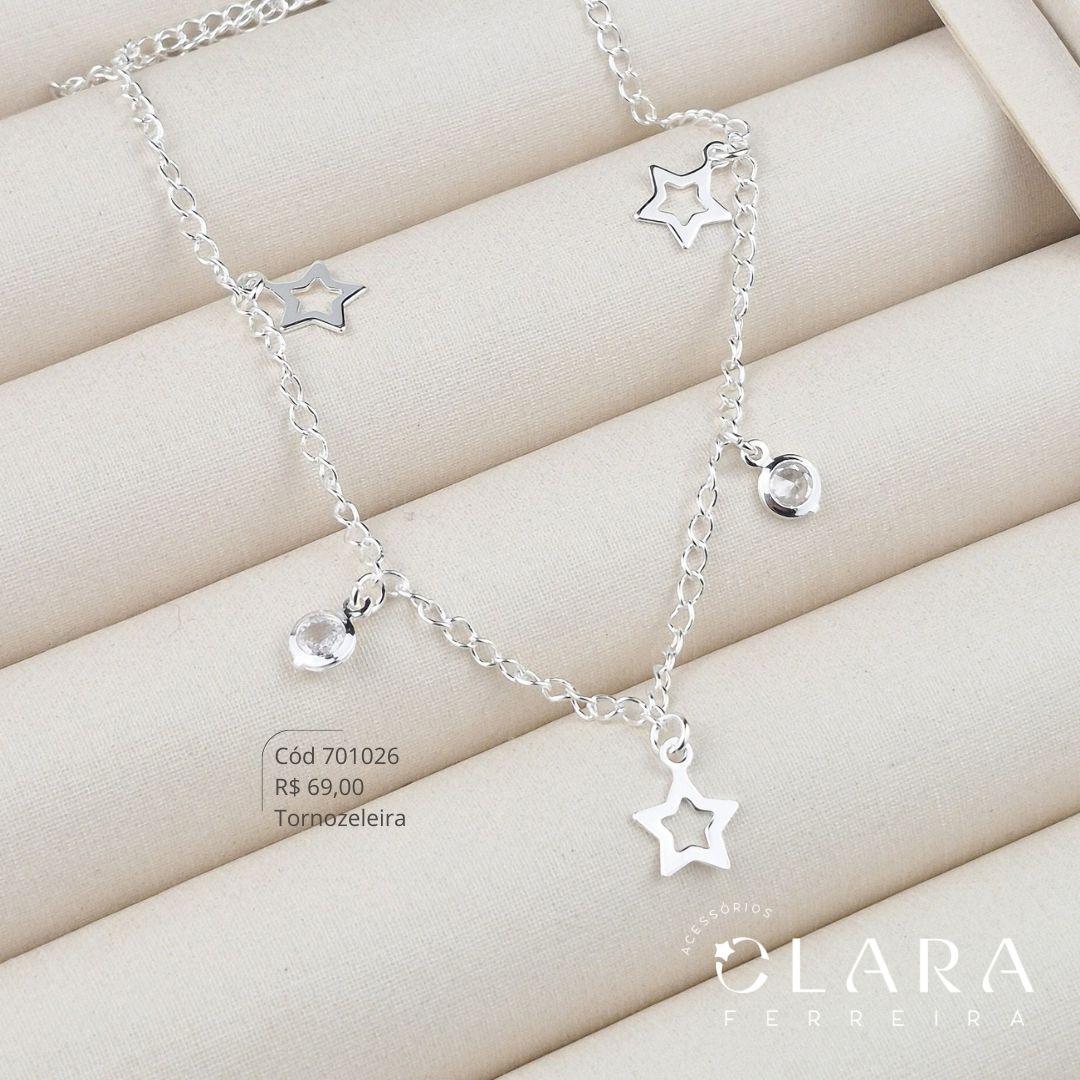 TORNOZELEIRA ELOS C/ 3 ESTRELAS 11MM E 2 TIFFANYS 5MM INTERCALADAS PENDURADAS - 23CM - Banho de Prata