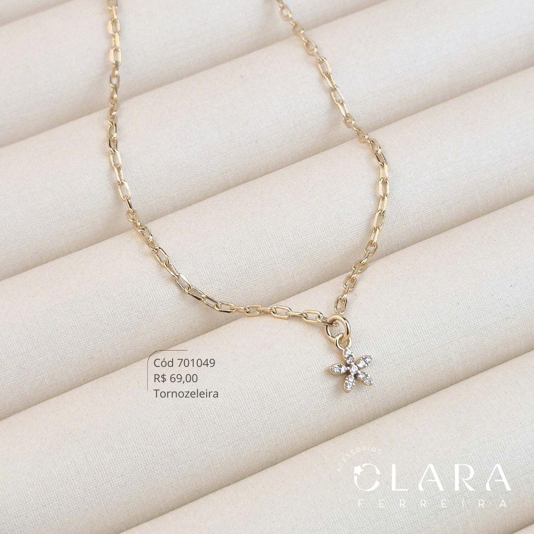 TORNOZELEIRA ELOS CARTIER C/ PINGENTE FLOR MICROZIRCÔNIAS PENDURADA - 7MM - 22CM - Dourado