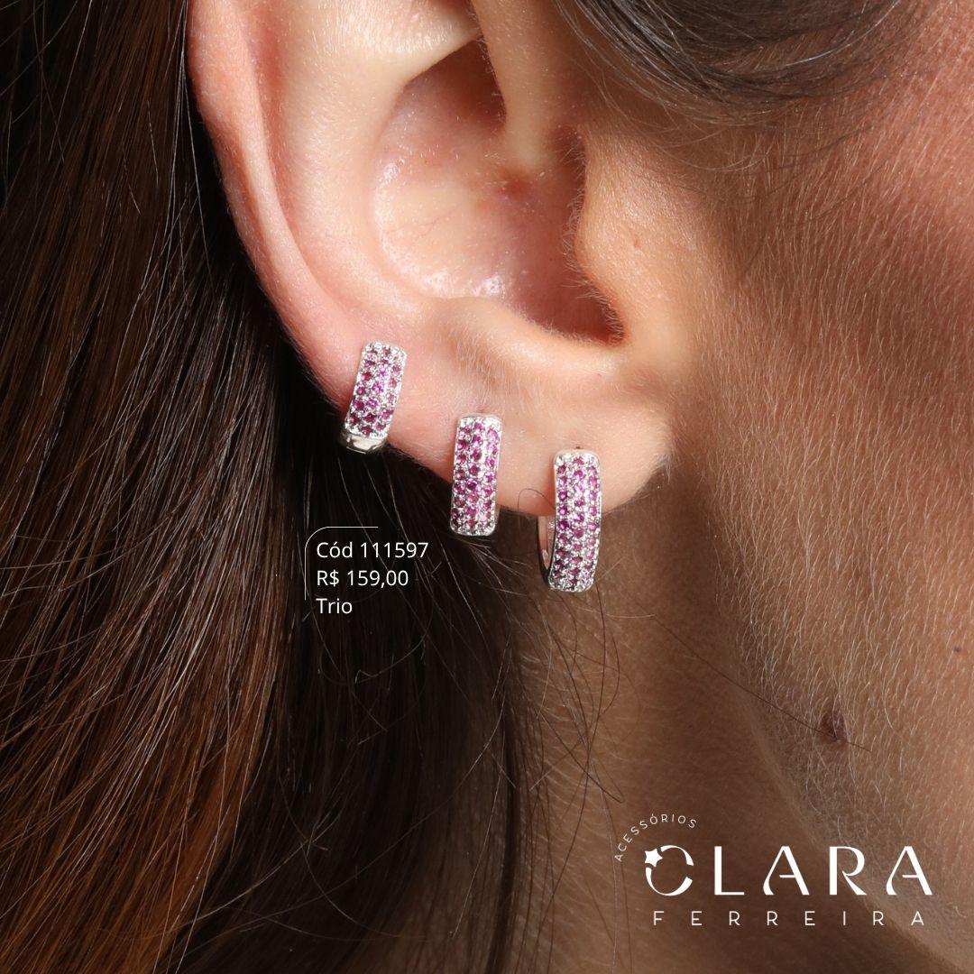 BRINCO KIT TRIO ARGOLINHA CLICK 3 FILEIRAS MICROZIRCÔNIAS COR-DE-ROSA C/ BORDAS LISAS - 9, 10 E 12X4MM - Banho de Prata