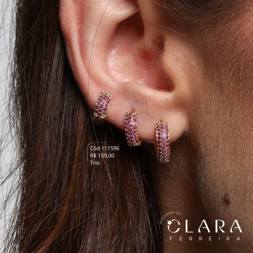 BRINCO KIT TRIO ARGOLINHA CLICK 3 FILEIRAS MICROZIRCÔNIAS COR-DE-ROSA C/ BORDAS LISAS - 9, 10 E 12X4MM - Dourado