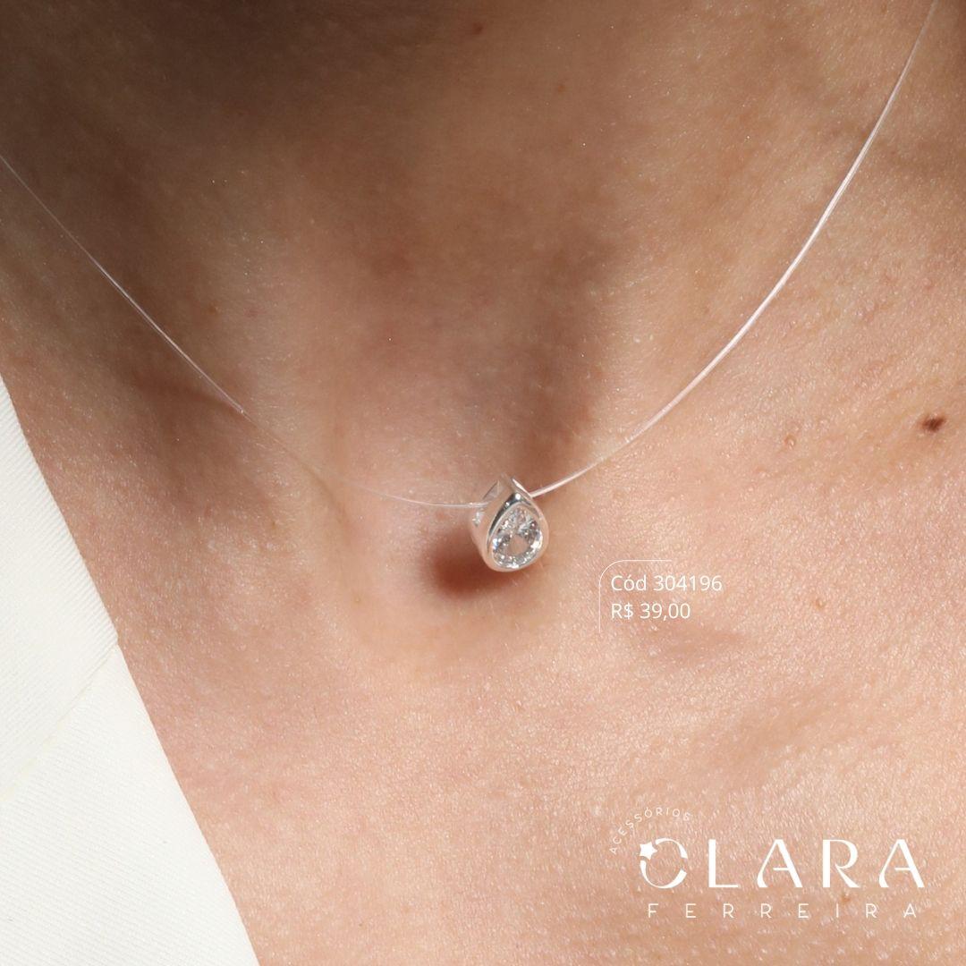 COLAR CHOKER NYLON C/ PINGENTE ZIRCÔNIA GOTA CAIXA FUNDIDA - 8MM - 40CM - Banho de Prata