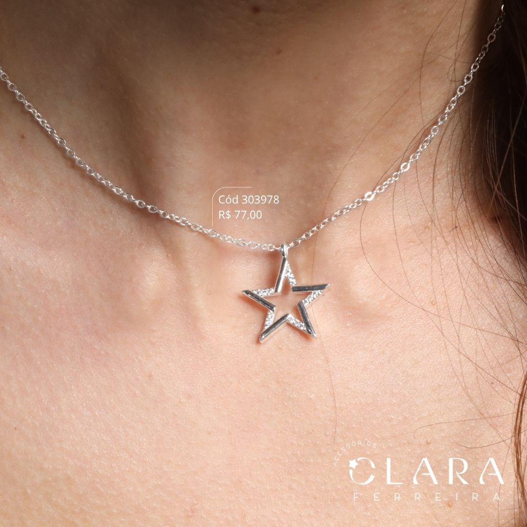 COLAR ELOS C/ PINGENTE ESTRELA VAZADA - 25MM - 40CM - Banho de Prata