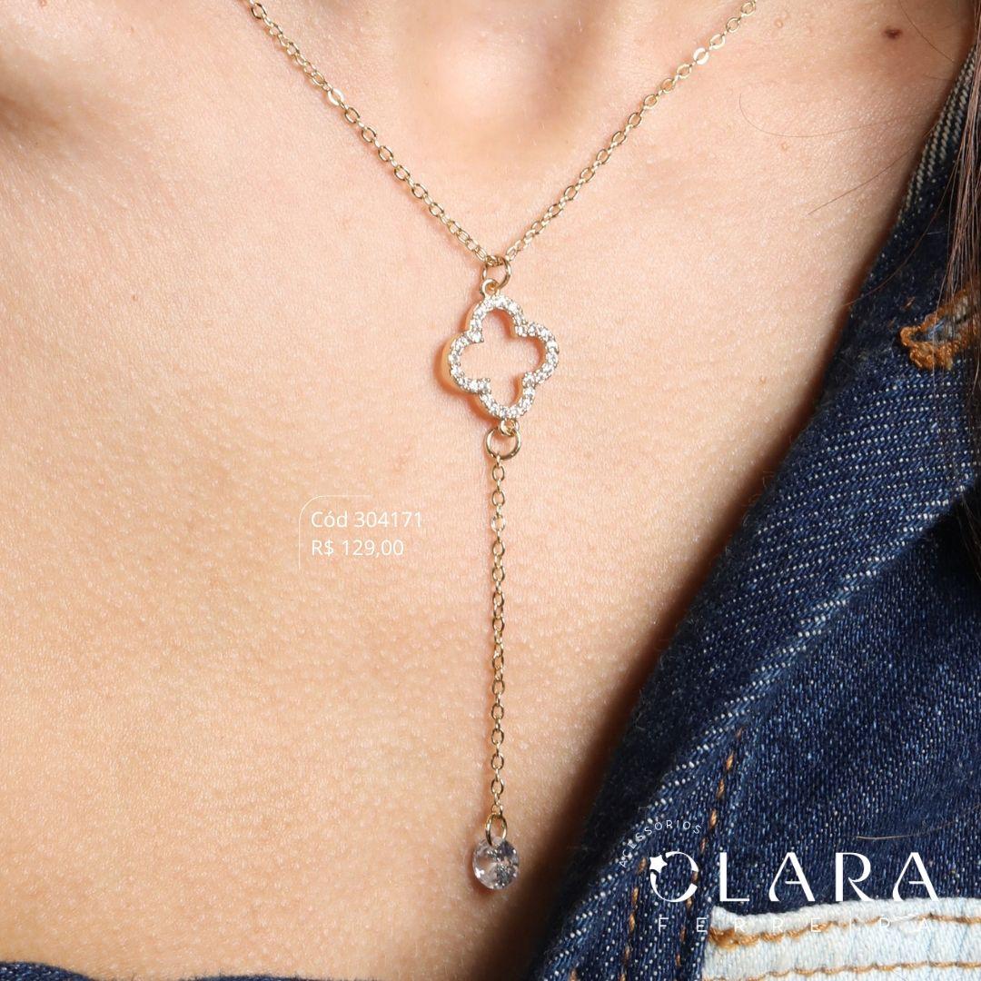 COLAR GRAVATINHA ELOS C/ TREVOS VAN CLEEF ALHAMBRA VAZADO ADORNADO MICROZIRCÔNIAS C/ 1 PONTO DE LUZ ZIRCÔNIA 6MM NA PONTA - 45CM - Dourado