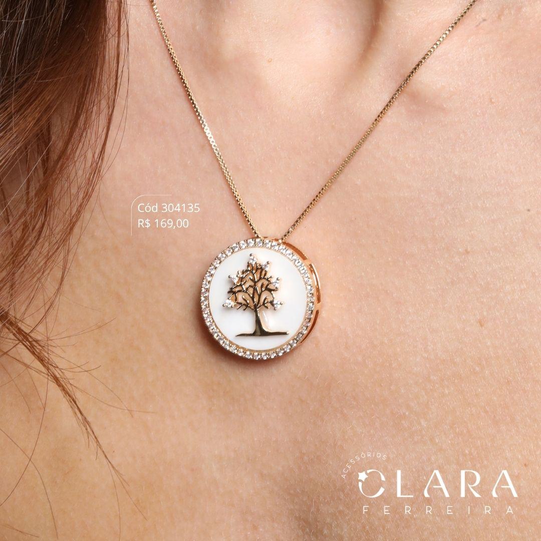 COLAR VENEZIANA C/ MANDALA MADRE PÉROLA C/ ÁRVORE DA VIDA MICROZIRCÔNIAS ADORNADA C/ 1 FILEIRA MICROZIRCÔNIAS - PEÇA EXCLUSIVA - 23MM - 45CM - Dourado