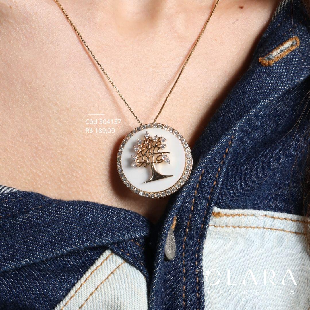 COLAR VENEZIANA C/ MANDALA MADRE PÉROLA C/ ÁRVORE DA VIDA MICROZIRCÔNIAS E BORDA 1 FILEIRA MICROZIRCÔNIAS - PEÇA EXCLUSIVA - 32MM - 45CM - Dourado