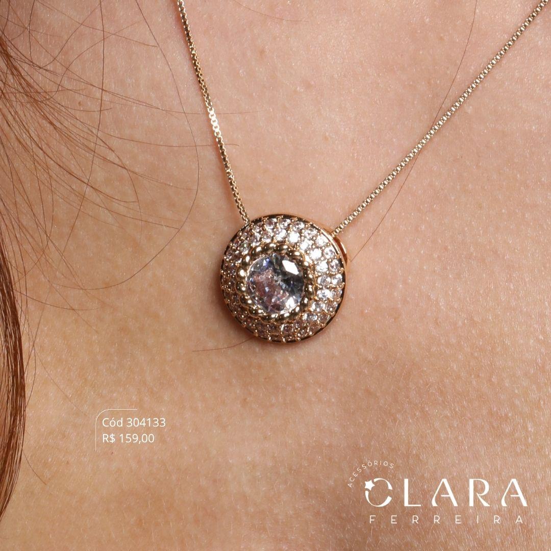COLAR VENEZIANA C/ PINGENTE BOTÃO CHUVEIRINHO MICROZIRCÔNIAS C/ ZIRCÔNIA REDONDA 8MM NO MEIO - PEÇA EXCLUSIVA - 19MM - 45CM - Dourado