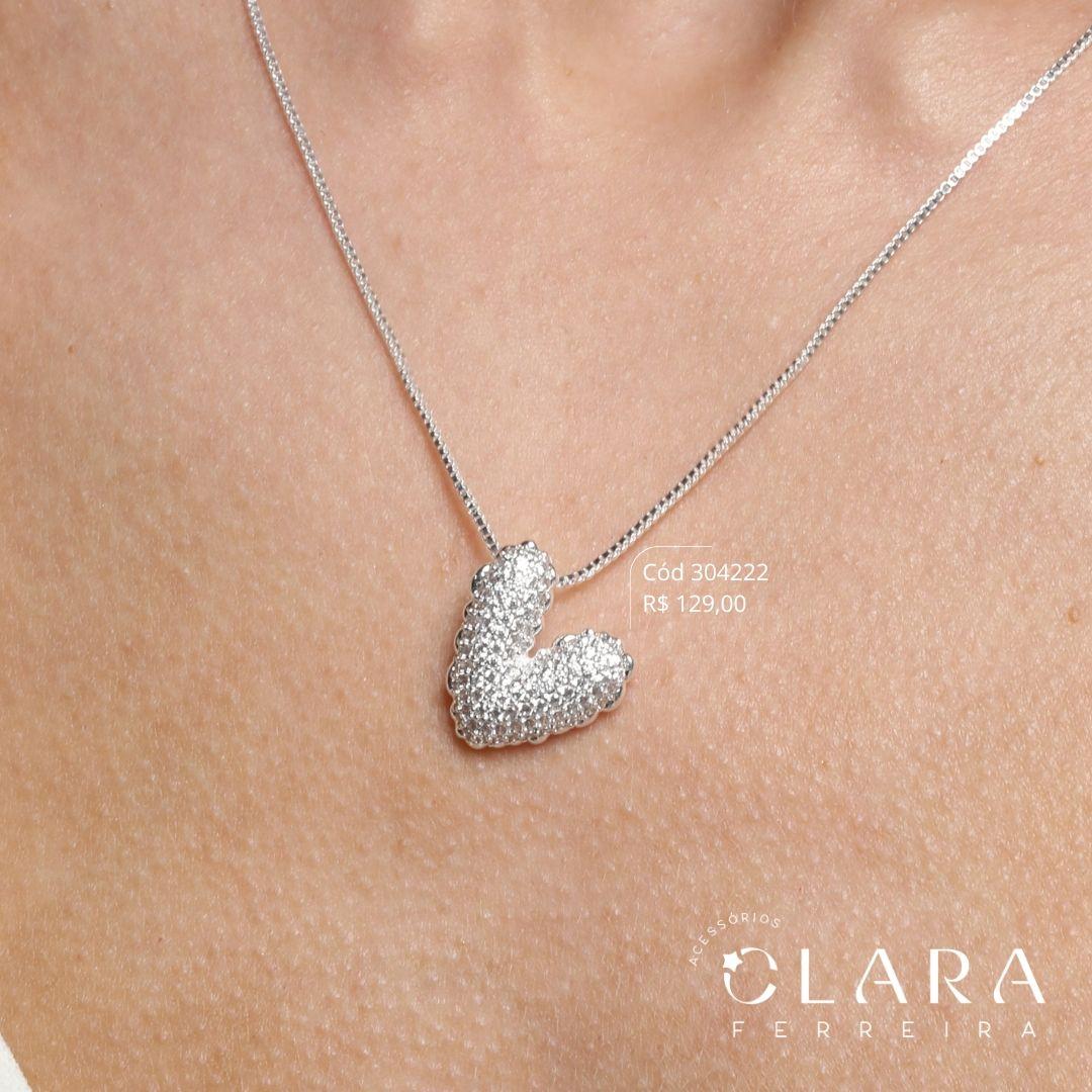 COLAR VENEZIANA C/ PINGENTE CHUVEIRINHO CORAÇÃO MICROZIRCÔNIAS - 15MM - 45CM - Banho de Prata