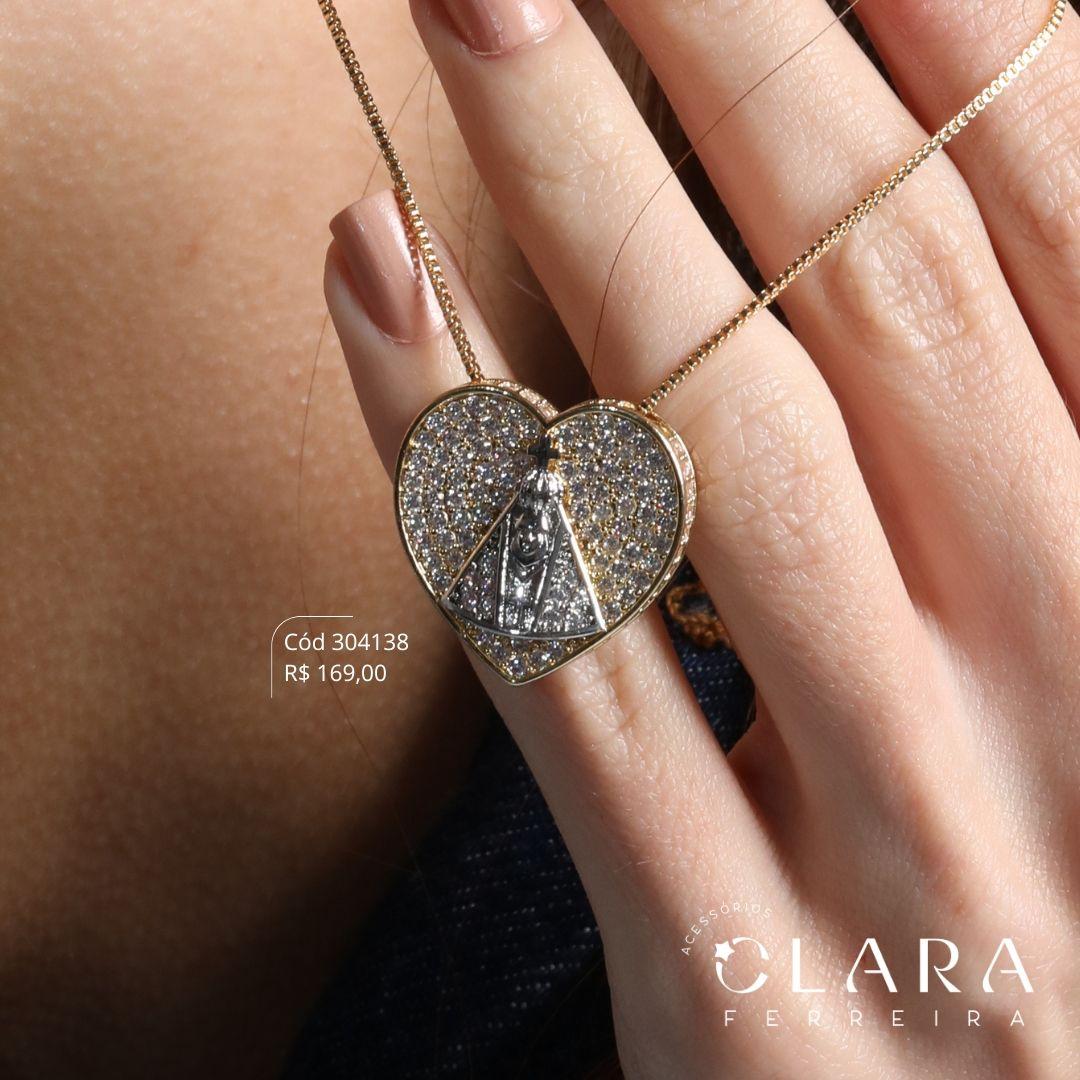 COLAR VENEZIANA C/ PINGENTE CORAÇÃO MICROZIRCÔNIAS C/ NOSSA SENHORA NO MEIO - PEÇA EXCLUSIVA - 23MM - 45CM - Dourado