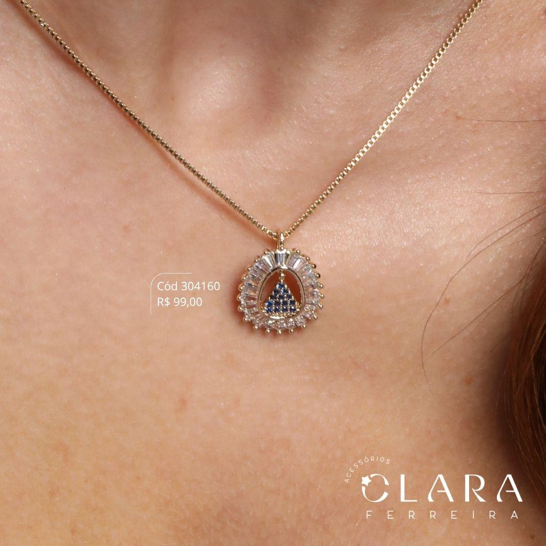 COLAR VENEZIANA C/ PINGENTE MANDALA NOSSA SENHORA MANTO MICROZIRCÔNIAS AZUIS ADORNADA 1 FILEIRA ZIRCÔNIAS TRAPÉZIO - 15MM - 45CM - Dourado