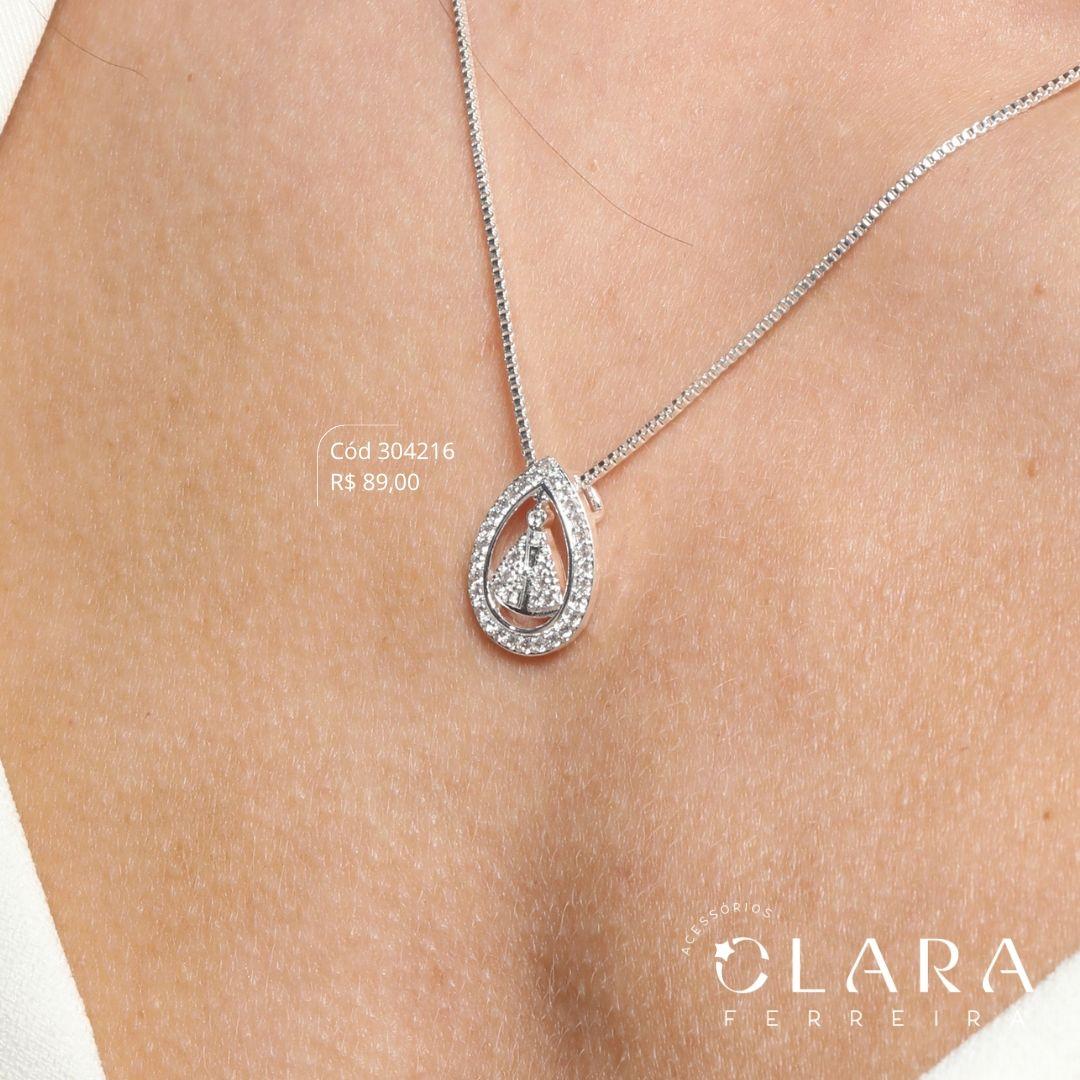 COLAR VENEZIANA C/ PINGENTE MANDALA NOSSA SENHORA MICROZIRCÔNIAS ADORNADA 1 FILEIRA MICROZIRCÔNIAS - 15MM - 45CM - Banho de Prata