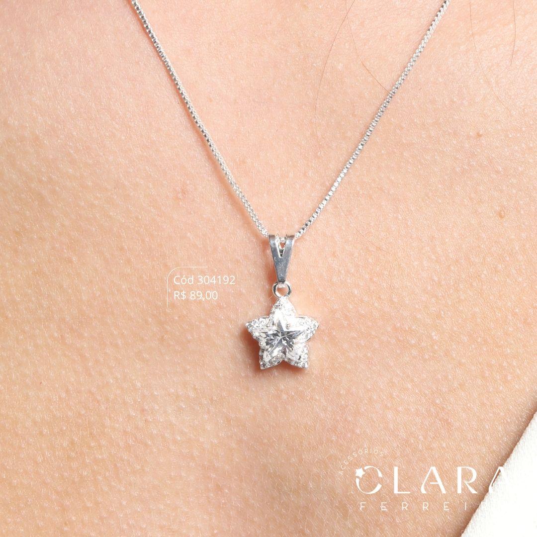 COLAR VENEZIANA C/ PINGENTE ZIRCÔNIA ESTRELA 8MM 5 GARRAS ADORNADA UMA FILEIRA MICROZIRCÔNIAS - 14MM - 45CM - Banho de Prata