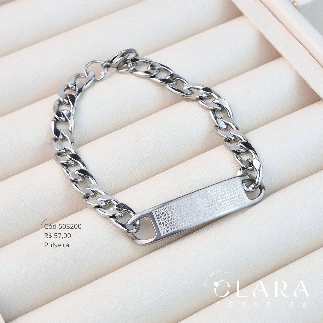 PULSEIRA AÇO GRUMET 1X1 8MM C/ PLAQUINHA PAI NOSSO - 21CM