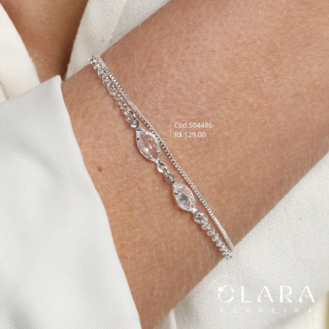 PULSEIRA DUPLA: 1 FIO VENEZIANA E 1 FIO ELOS PORTUGUÊS C/ 2 TIFFANYS NAVETE FIXAS - 17CM - Banho de Prata