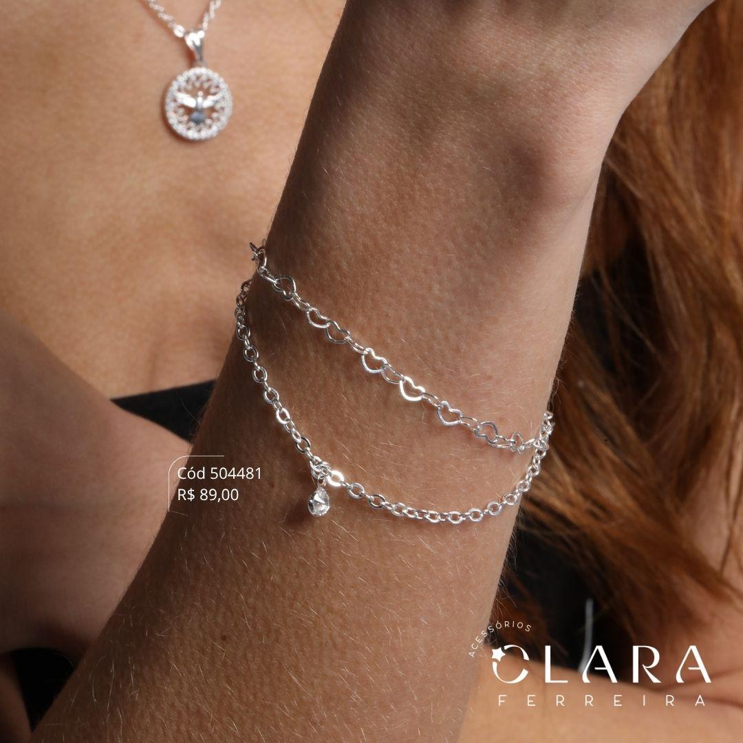 PULSEIRA DUPLA 2 FIOS: ELO CADEADO C/ TIFF ZIRCONIA 6MM PENDURADA E ELOS CORAÇÕES - 17CM - Banho de Prata