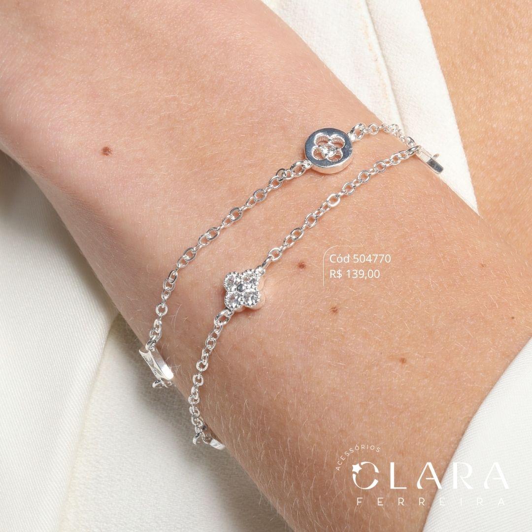 PULSEIRA DUPLA: 2 FIOS ELOS C/ 5 TREVOS LOUIS VUITTON - 17CM - Banho de Prata