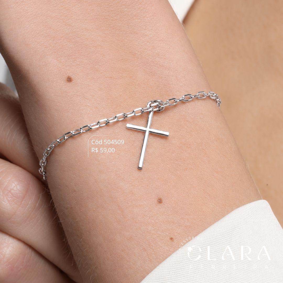 PULSEIRA ELOS C/ PINGENTE CRUZ PENDURADA - 19MM - 17CM - Banho de Prata