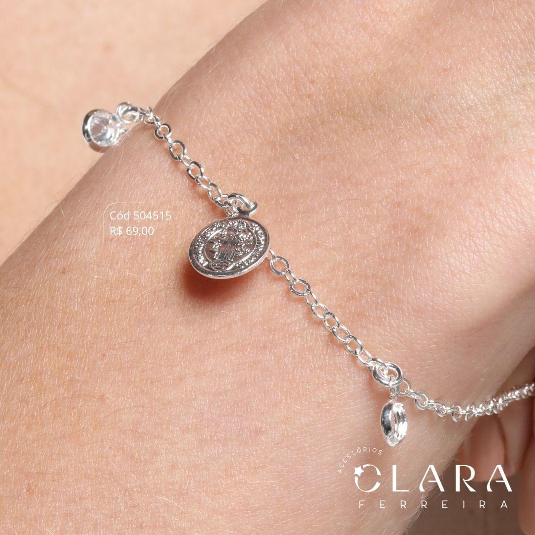 PULSEIRA ELOS CADEADO C/ MEDALHA REDONDA SÃO BENTO 8MM E 2 TIFF ZIRCÔNIAS PENDURADAS - 17CM - Banho de Prata