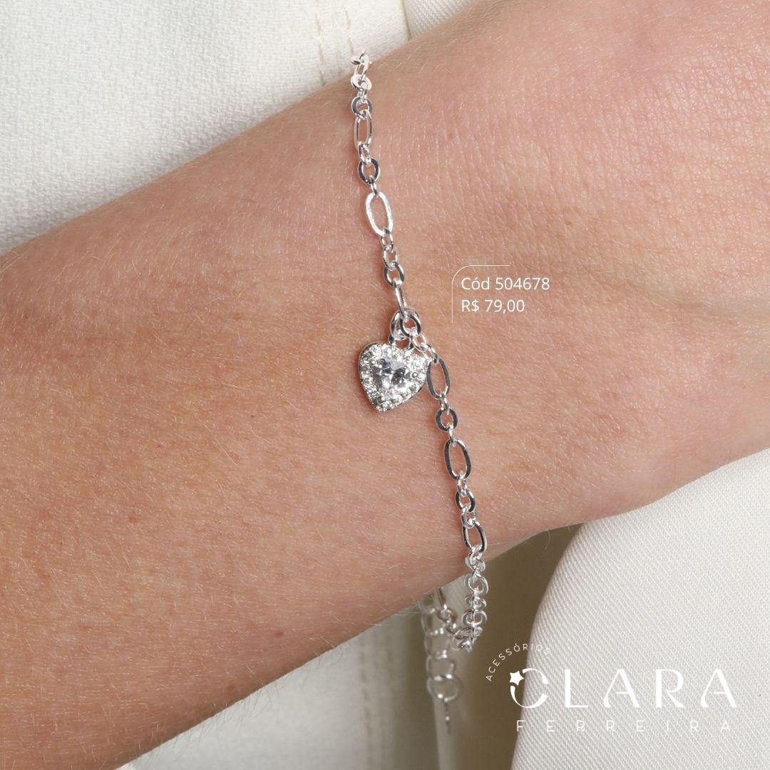 PULSEIRA ELOS CADEADO C/ PINGENTE ZIRCÔNIA CORAÇÃO 3MM ADORNADA 1 FILEIRA MICROZIRCÔNIAS PENDURADO - 7MM - 17CM - Banho de Prata