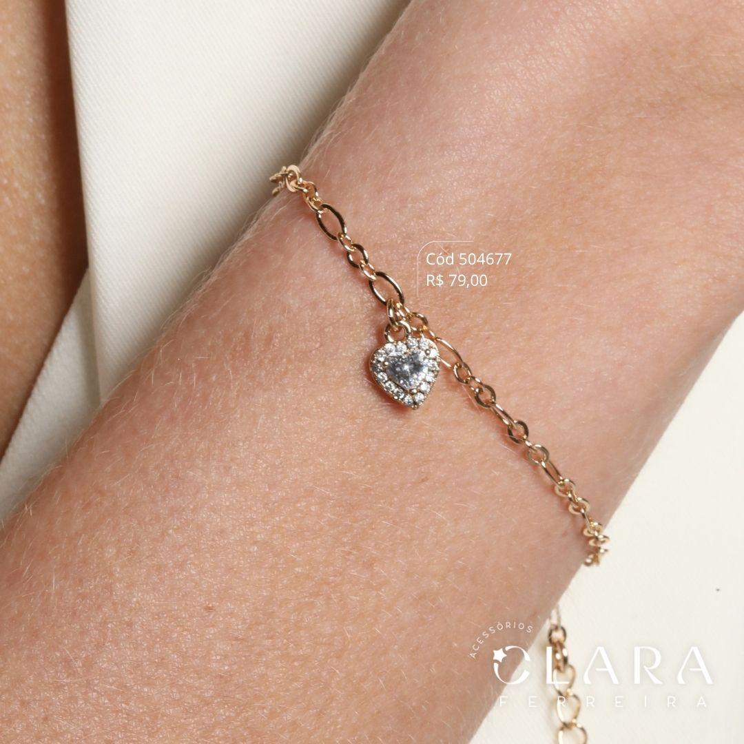 PULSEIRA ELOS CADEADO C/ ZIRCÔNIA CORAÇÃO 3MM ADORNADA 1 FILEIRA MICROZIRCÔNIAS PENDURADO - 7MM - 17CM - Dourado