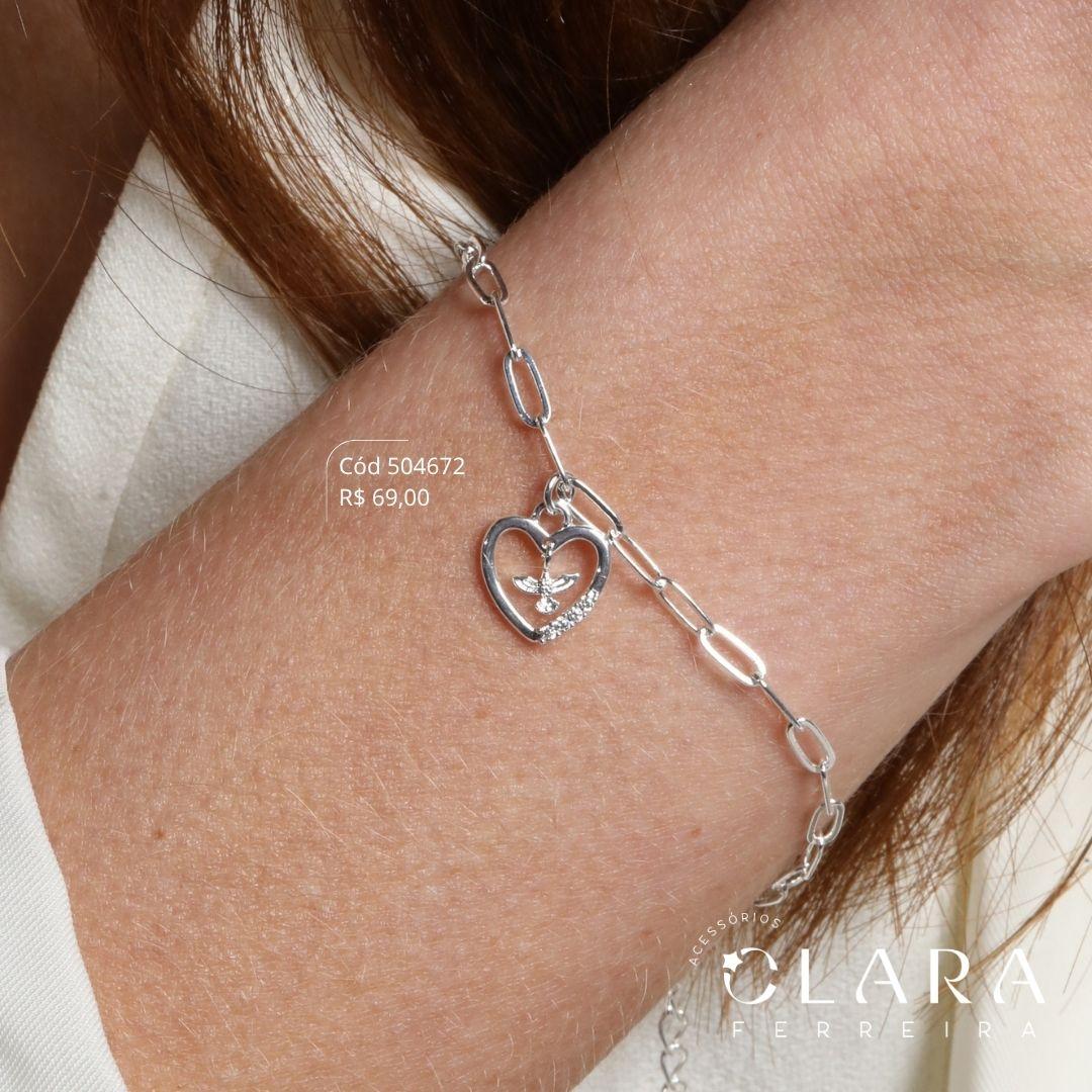 PULSEIRA ELOS CARTIER C/ PINGENTE MANDALA CORAÇÃO C/ ESPIRITO SANTO NO CENTRO PENDURADO - 9MM - 17CM - Banho de Prata