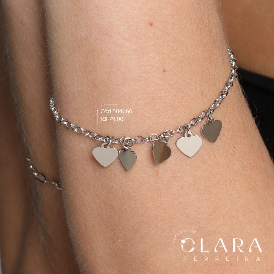 PULSEIRA ELOS CORAÇÕES C/ 5 CORAÇÕES 7MM LISOS PENDURADOS - 17CM - Banho de Prata