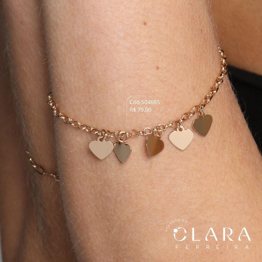 PULSEIRA ELOS CORAÇÕES C/ 5 CORAÇÕES 7MM LISOS PENDURADOS - 17CM - Dourado