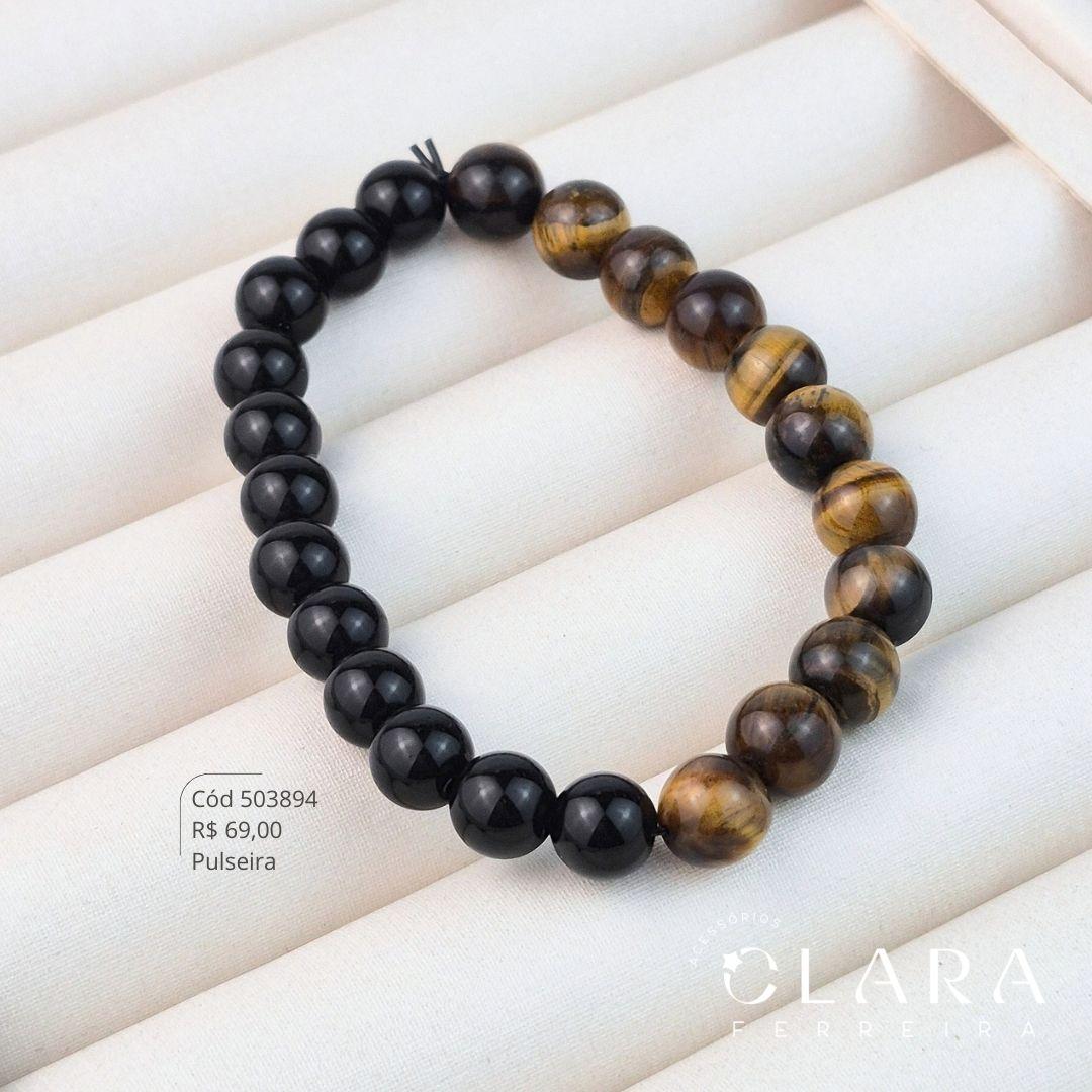 PULSEIRA SILICONE DE PEDRA METADE PEDRAS OLHO DE TIGRE E METADE PEDRAS OBSIDIANAS - 8MM